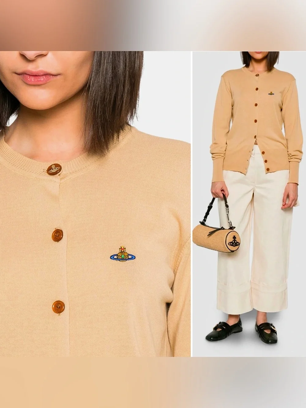 Vivienne Westwood Bea Cardigan Orb Logo Cotton Cashmere Full Length Small Beige - Picture 10 of 12